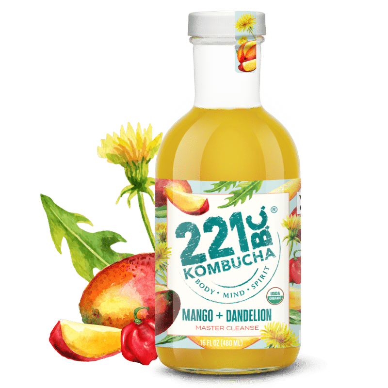 mango dandelion kombucha bottle
