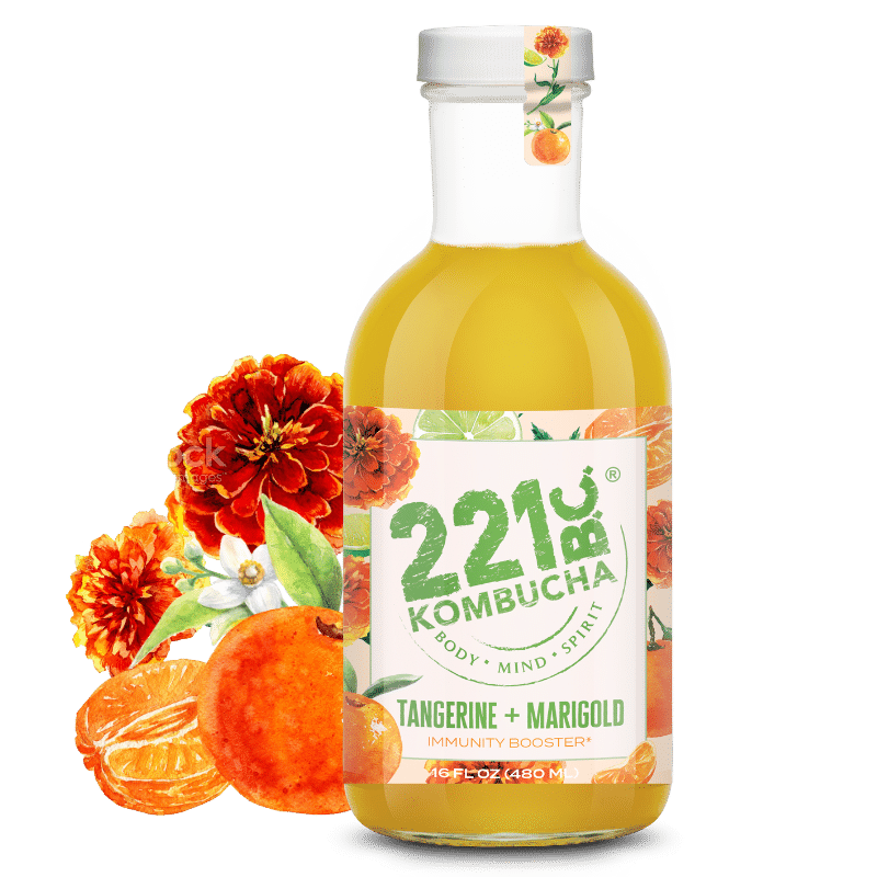 bottle of tangerine + marigold kombucha flavor
