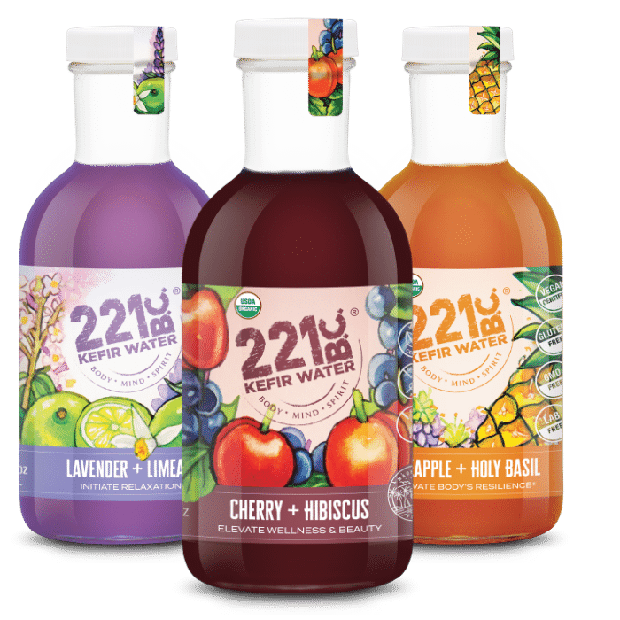 kefir water flavors lavender and limeade cherry and hibiscus apple and holy basil