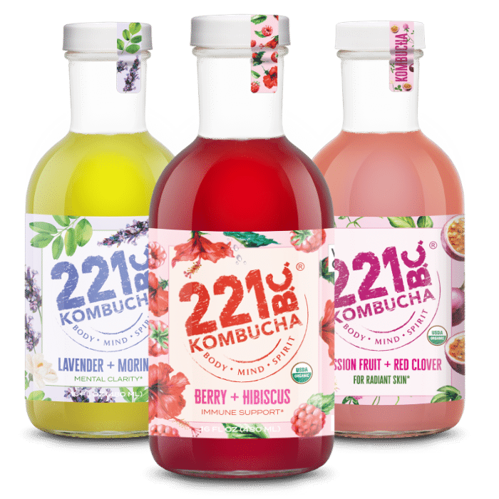 kombucha flavors lavender and moringa berry and hibiscus passion fruit and red clover